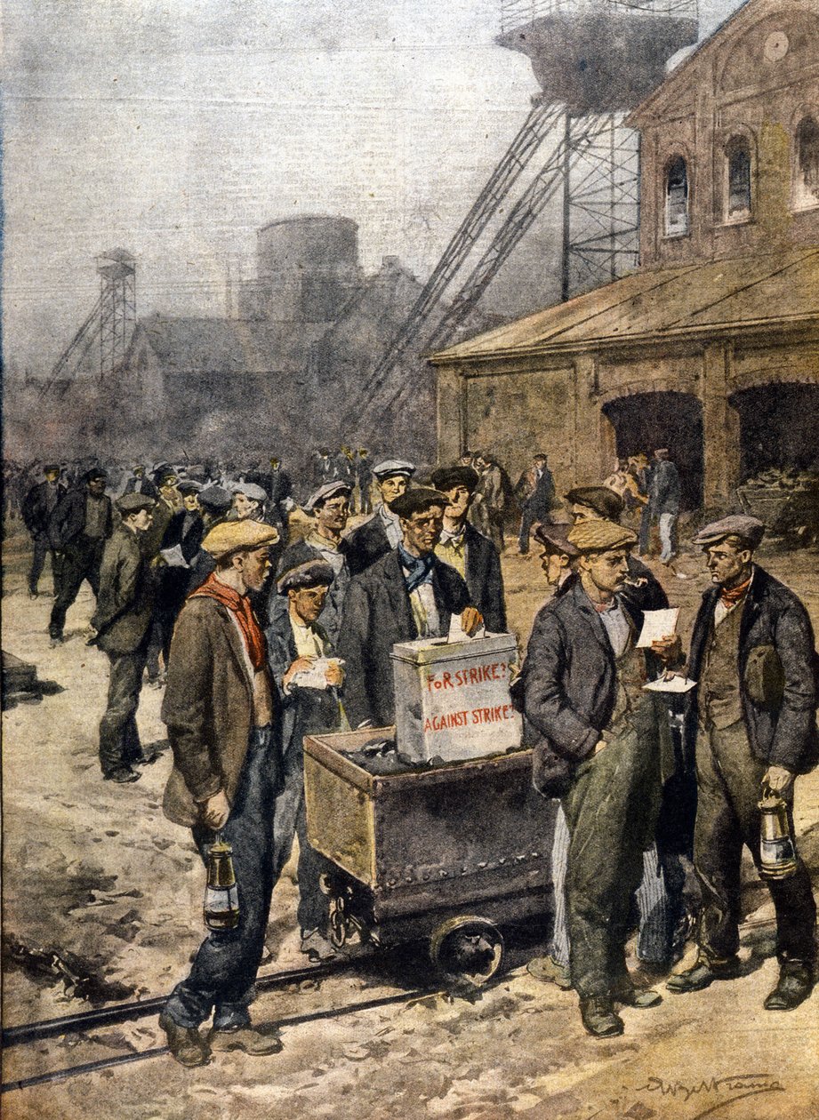 Englannin kaivostyöläisten lakot. Kuvitus Achille Beltrame. “La Domenica del Corriere” tekijältä Achille Beltrame
