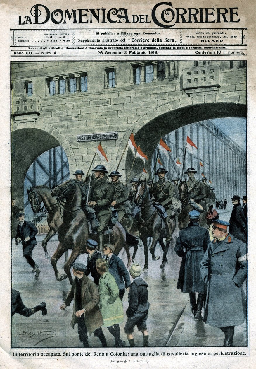 Englannin läsnäolo Saksassa: sotilasjoukot Reinin sillalla Kölnissä. Kuva Beltramesta. La Domenica del Corriere. 01/1919. tekijältä Achille Beltrame