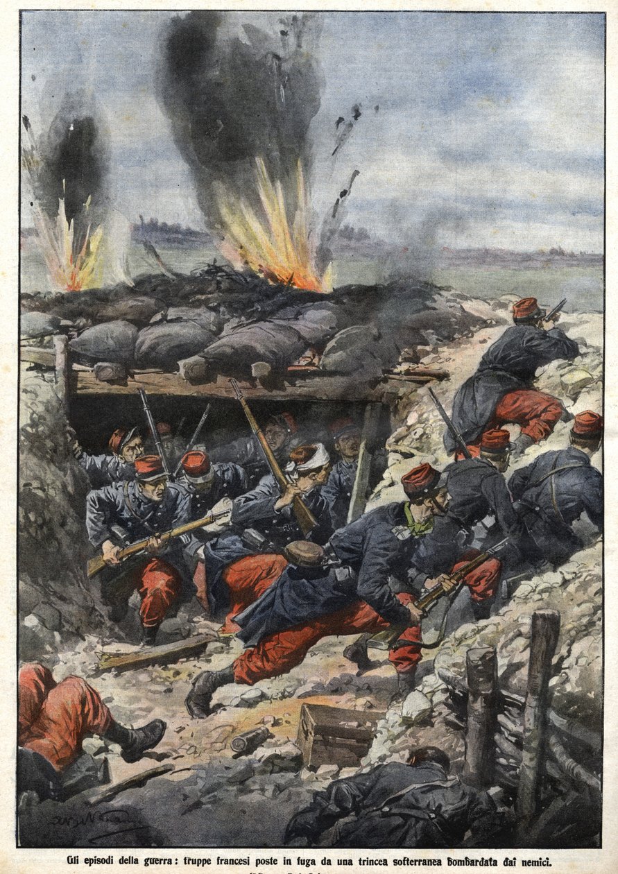 Vuoden 1914 sodan jakso: Viholliset pommittavat haudoissa olevia ranskalaisia joukkoja. “La Domenica del Corriere” tekijältä Achille Beltrame