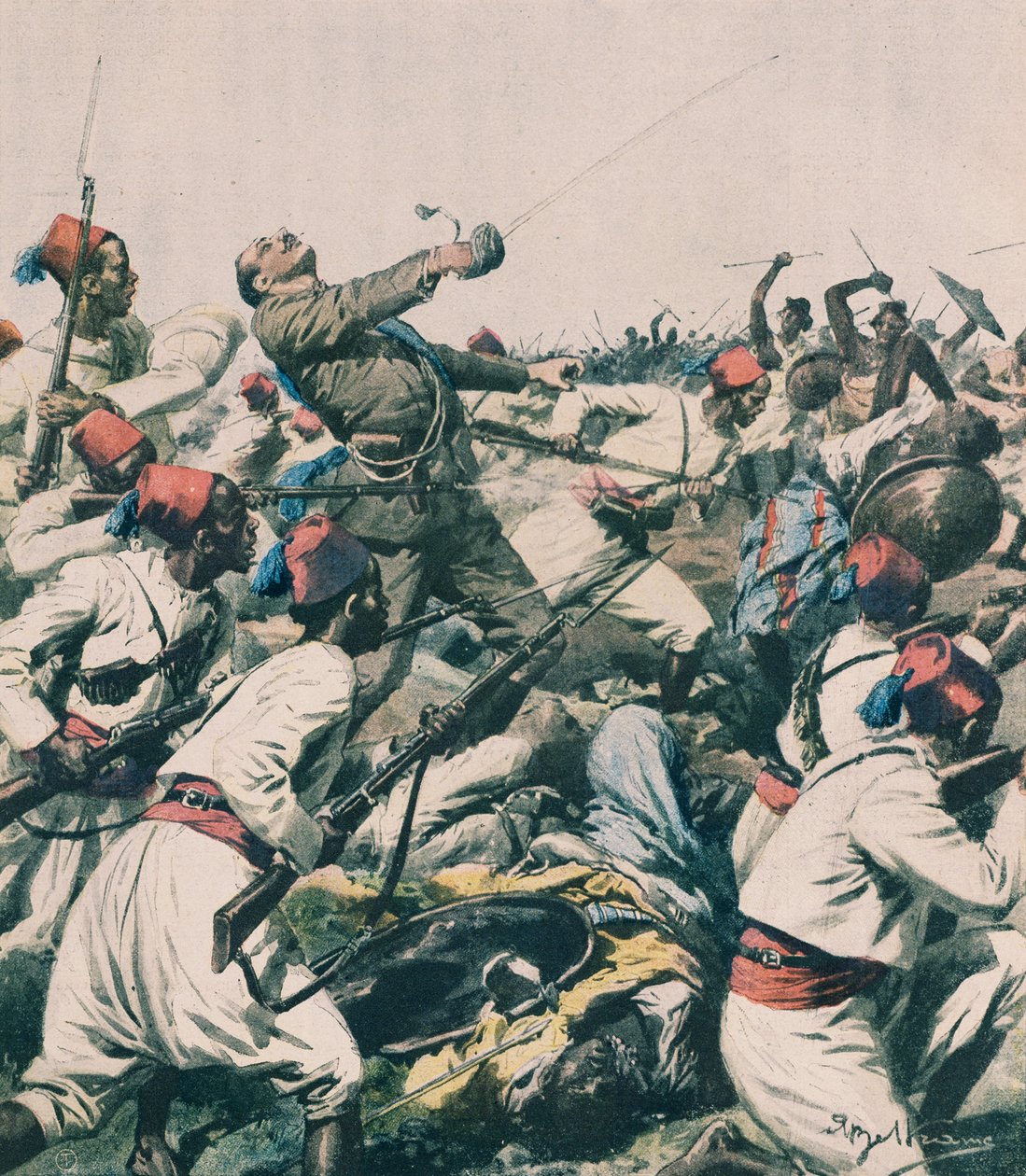 Etiopian hyökkäys Lughin varuskuntaa vastaan ​​ja kapteeni Bongiovannin tappaminen, kirjoittanut Achille Beltrame, kuvitus, Achille Beltrame (1871-1945), La Domenica del Corrieresta tekijältä Achille Beltrame