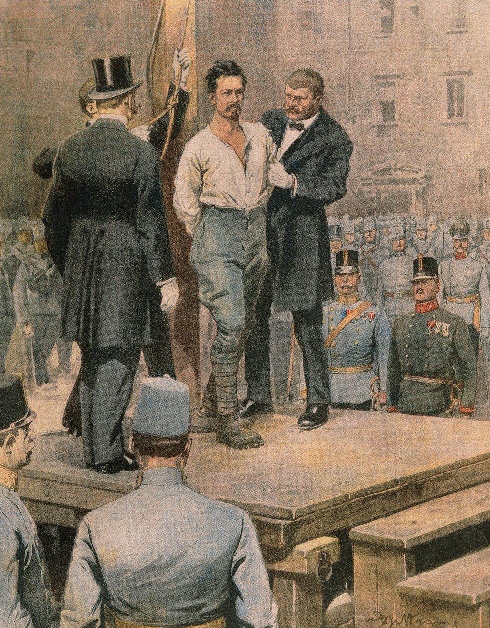 Cesare Battistin teloitus Trentossa, kirjoittanut Achille Beltrame, kuvitus, kuvittaja Achille Beltrame (1871-1945), La Domenica del Corrieresta, heinäkuu 1916 tekijältä Achille Beltrame