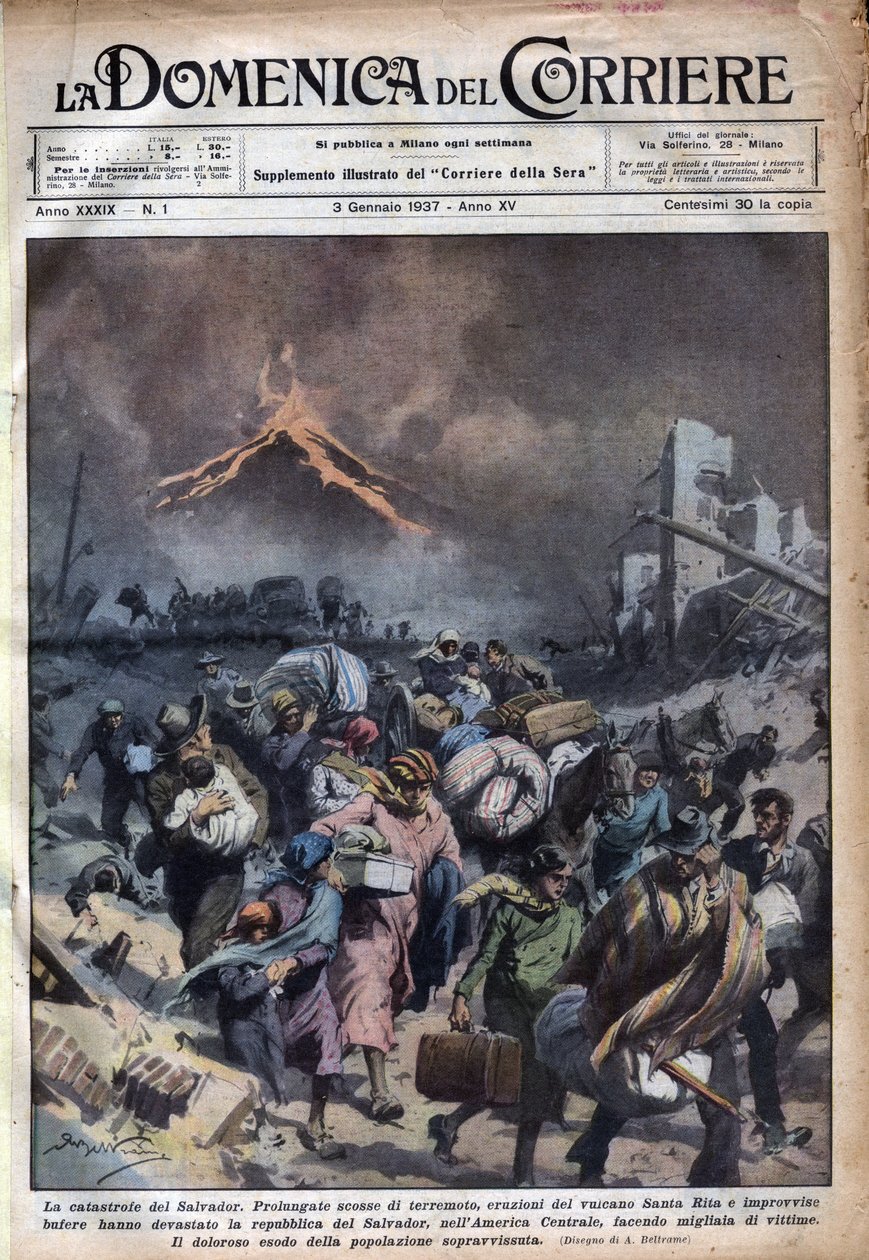 El Salvadorin väestön pakomatka maanjäristyksen ja Santa Rita -tulivuoren purkausten jälkeen. Kuva Achille Beltramesta elokuvassa "" La domenica del corriere"" 1.3.1937. tekijältä Achille Beltrame
