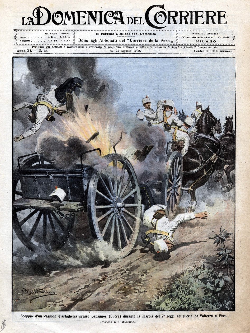 Tykistölaatikon räjähdys lähellä Capannoria (Lucca) 7. tykistörykmentin siirron aikana Volterrasta Pisaan. Kuva Beltramesta. "" La Domenica del corriere"". 15-23/08/1909. tekijältä Achille Beltrame