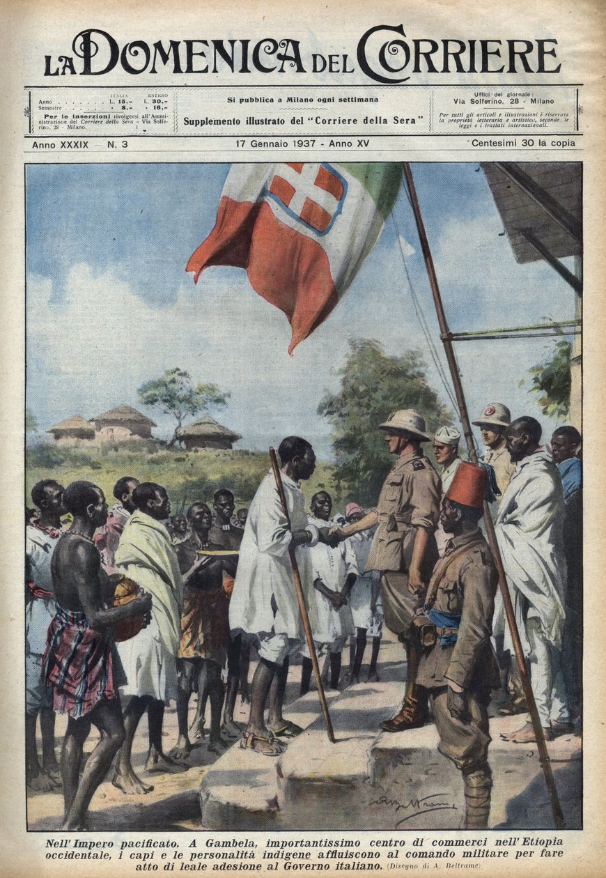 Fasismi 1937: Gambelassa, Etiopian valtakunnan kauppakeskuksessa, alkuperäiskansojen päälliköt ja henkilöt tapasivat Italian hallitukseen liittymistä koskevan asiakirjan. Kuva Achille Beltramesta elokuvassa "" La domenica del corriere"" 17.1.19. tekijältä Achille Beltrame