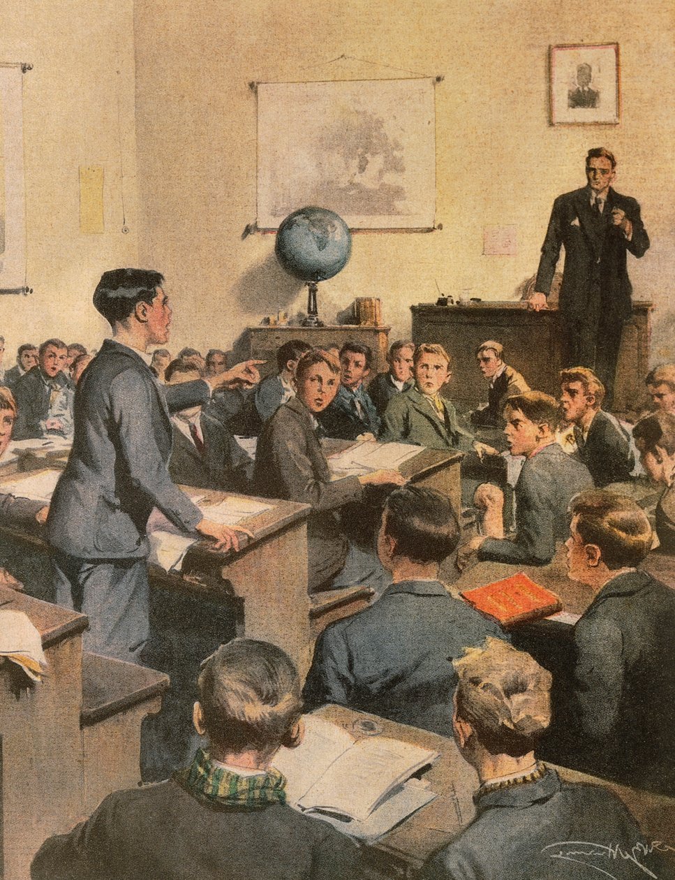 Taistelu lukutaidottomuutta vastaan, lapset koulussa, kirjoittanut Achille Beltrame, kuvitus, kuvittaja Achille Beltrame (1871-1945), La Domenica del Corrieresta tekijältä Achille Beltrame