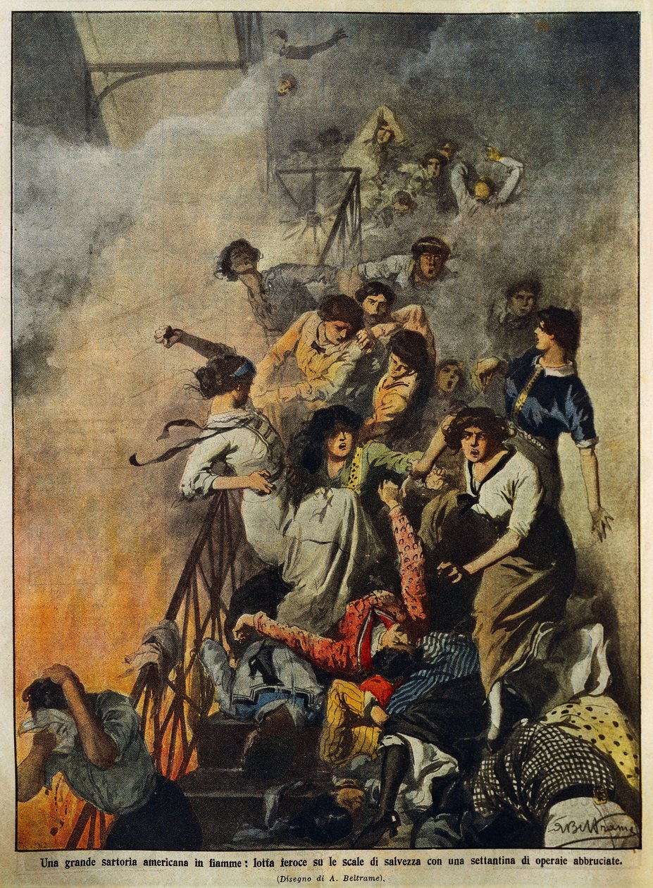 Tulipalo suuressa amerikkalaisessa tekstiilitehtaassa: työntekijöitä portaikossa, Achille Beltramen (1871-1945) kuvitus, La Domenica del Corriere, 10. elokuuta. tekijältä Achille Beltrame