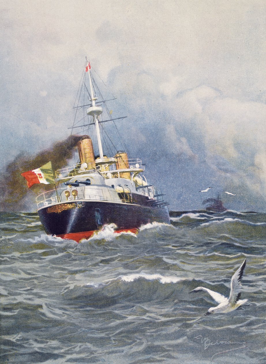 Ensiluokkainen taistelulaiva Re Umberto, kuvitus Achille Beltrame (1871-1945) viikkolehdestä L