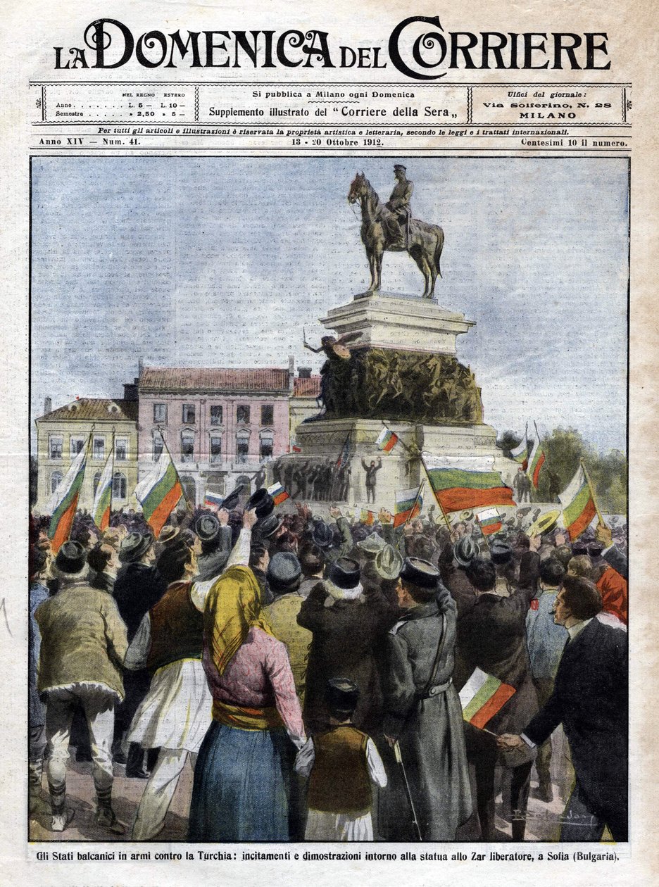Ensimmäinen Balkanin sota: mielenosoitukset tsaarin patsaan edessä Sofiassa, Bulgariassa - Kuva Beltramesta La Domenica del Corrieressa - lokakuu 1912 (Ensimmäinen Balkanin sota: mielenosoitus Sofiassa, Bulgariassa) tekijältä Achille Beltrame