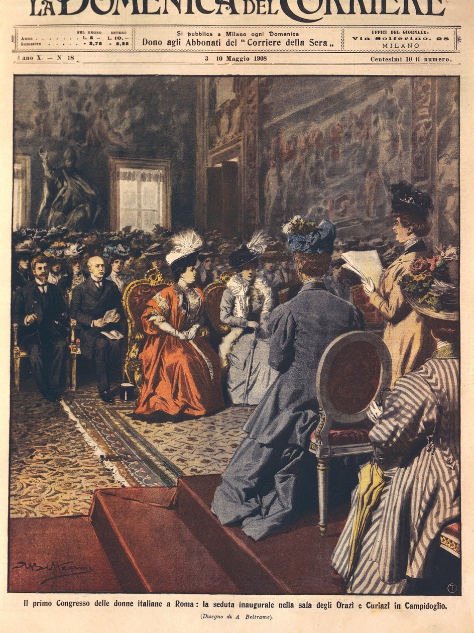 Ensimmäinen italialainen naisten kongressi Capitolissa, Roomassa, kuvitus Achille Beltrame La Domenica del Corrieresta, 3. toukokuuta tekijältä Achille Beltrame