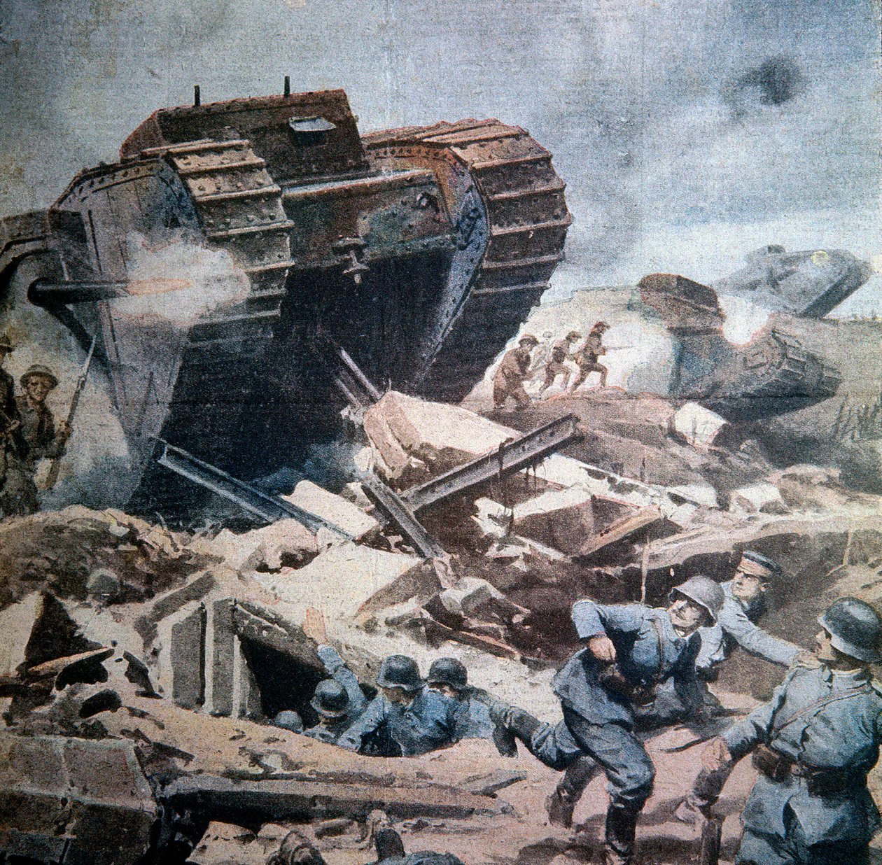 Ensimmäinen maailmansota (1914-1918): "" Englantilaisten panssarivaunujen hyökkäykset Picardiassa"" Kuva Achilles-vyöhykkeestä La Domenica del Corrieresta 1916 tekijältä Achille Beltrame