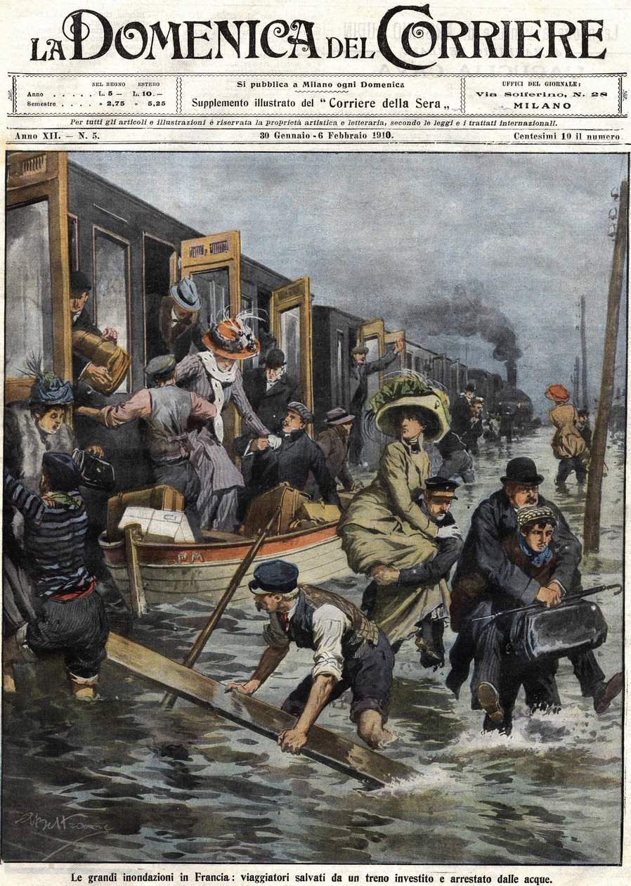 Tulvat Pariisin ympäristössä tammikuussa 1910, "Domenica del corrieren" kansi 6. helmikuuta tekijältä Achille Beltrame