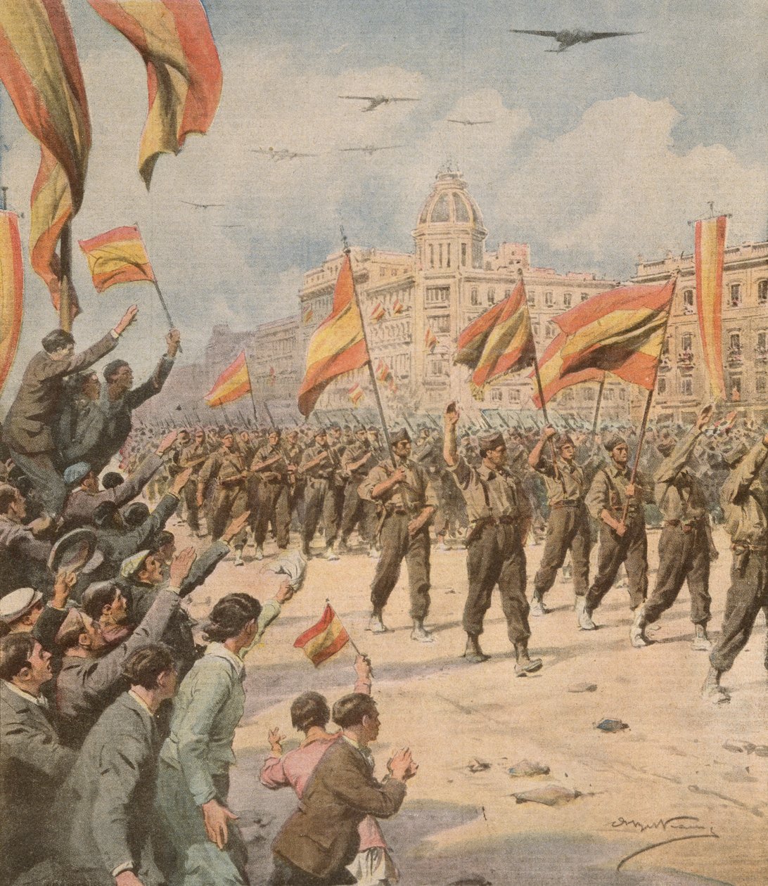 Francon Espanja saapui Madridiin voittolippuineen, Achille Beltrame (1871-1945) La Domenica del Corrieresta 2. huhtikuuta tekijältä Achille Beltrame