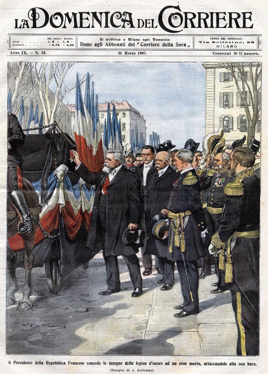 Ranskan presidentti Armand Fallieres (1841 - 1931) luovuttaa kunnialegioonan mitalin sankarille, joka kuoli taistelussa. Ill. de Beltrame. La Domenica del Corriere. 31/03/1907. tekijältä Achille Beltrame