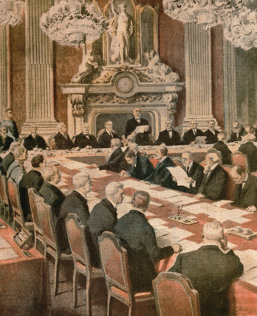 Ranskan presidentti Georges Clemenceau puhumassa Pariisin rauhankonferenssissa, kirjoittanut Achille Beltrame, kuvitus, kuvittaja Achille Beltrame (1871-1945), La Domenica del Corrieresta tekijältä Achille Beltrame