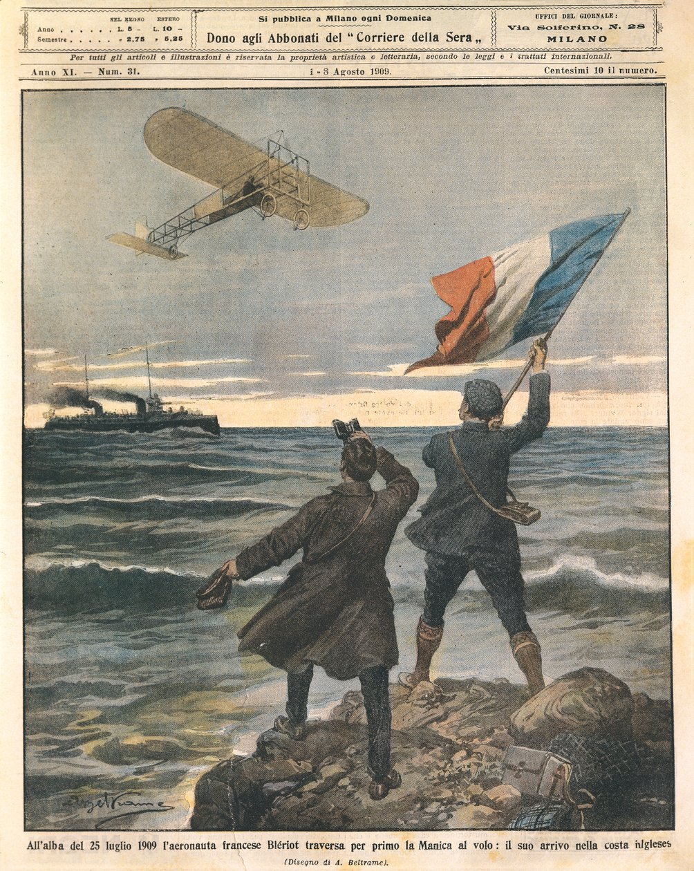 Ranskalainen lentäjä Louis Bleriot, ensimmäinen henkilö ylittää Englannin kanaalin, juhlia Englannin rannikolla, 25. heinäkuuta tekijältä Achille Beltrame