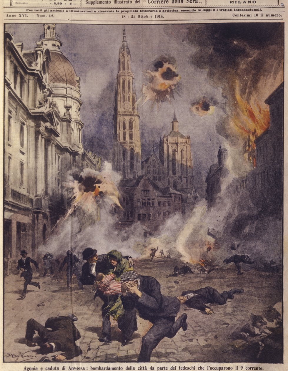 Saksalaiset lentokoneet pommittivat Antwerpeniä. elokuvasta "La Domenica del Corriere" tekijältä Achille Beltrame