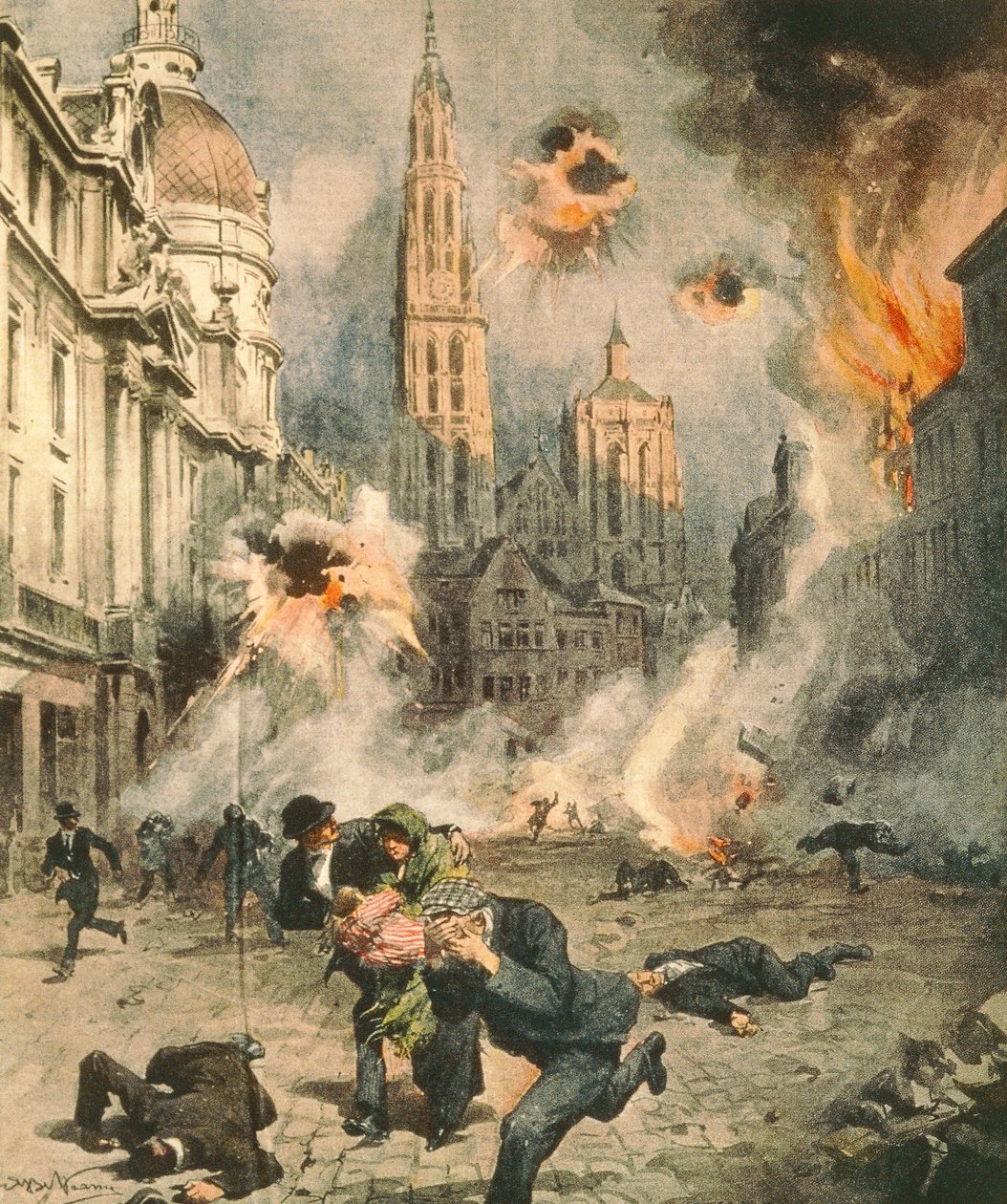 Saksalaiset pommittavat ja miehittävät Antwerpeniä, Achille Beltrame (1871-1945), kuvitus La Domenica del Corrieresta tekijältä Achille Beltrame