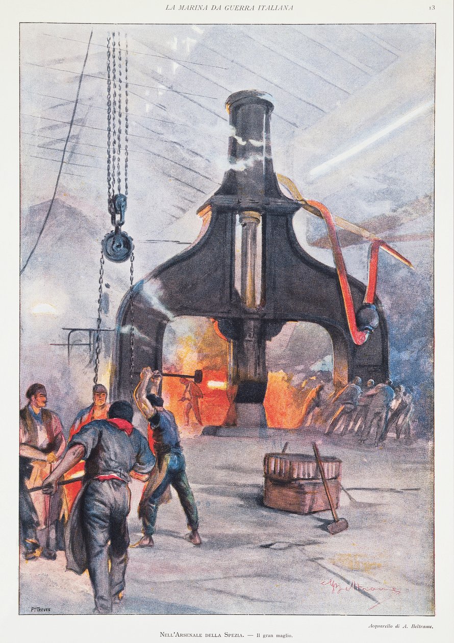 Jättivasara La Spezian arsenaalissa, kirjoittanut Achille Beltrame, kuvitus, kuvittaja Achille Beltrame (1871-1945), La Domenica del Corrieresta tekijältä Achille Beltrame