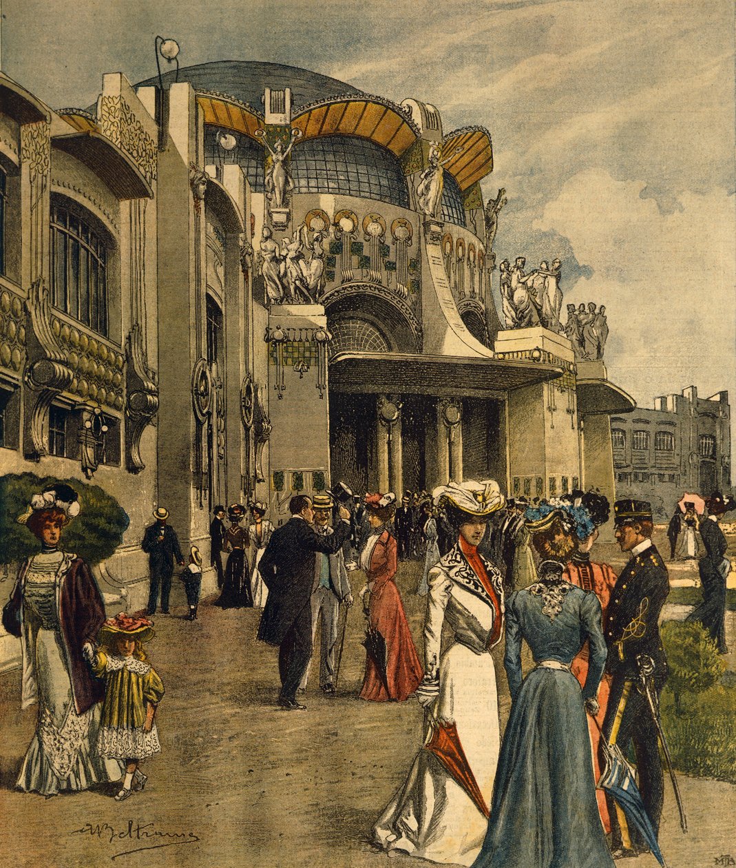 Ensimmäisen kansainvälisen modernin koristetaiteen näyttelyn avajaiset Torinossa, kirjoittaja Achille Beltrame (1871-1945), La Domenica del Corriere, toukokuu 1902 tekijältä Achille Beltrame