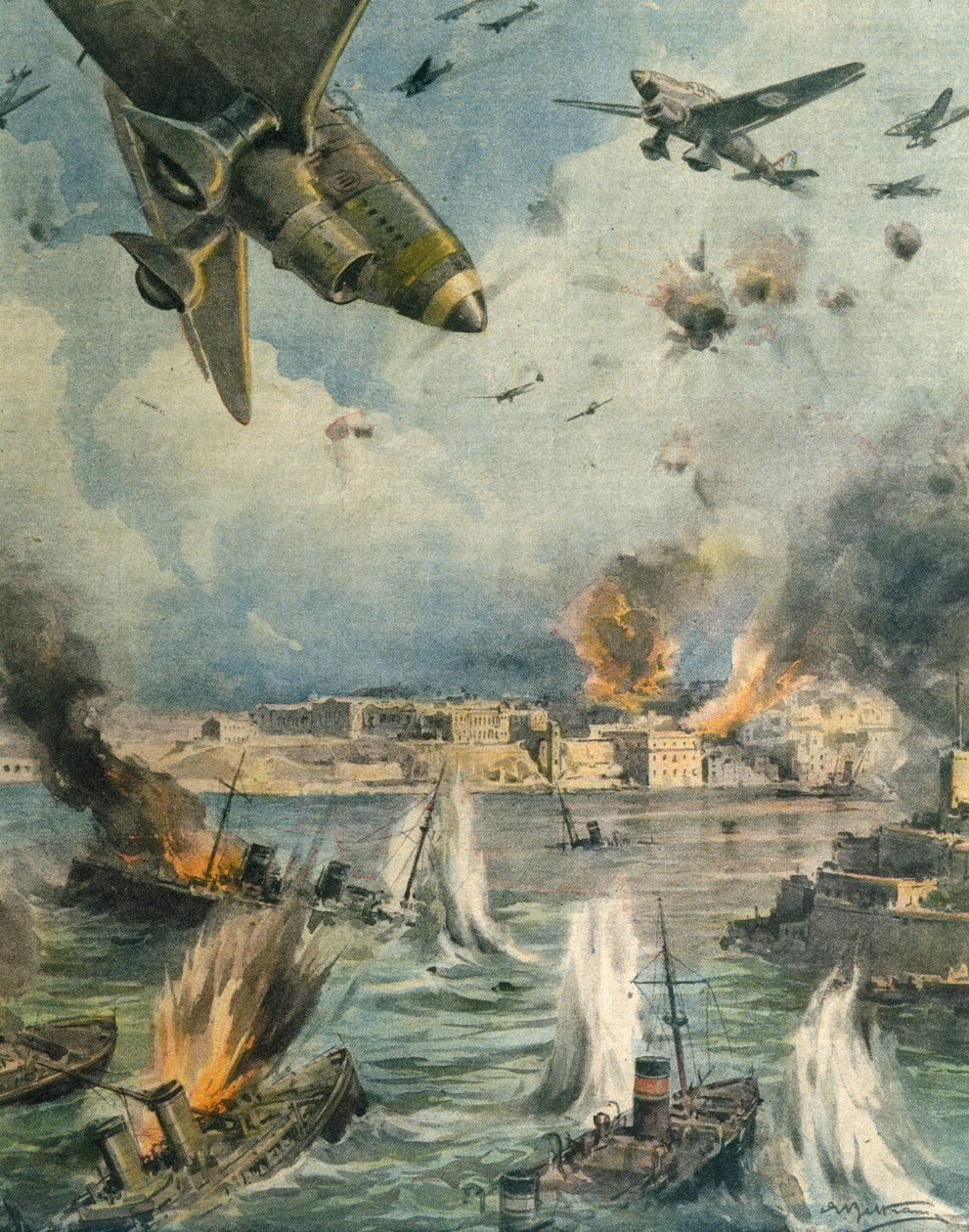 Suuren akselin ilmahyökkäys Maltan yllä, kirjoittanut Achille Beltrame, kuvitus, kuvittaja Achille Beltrame (1871-1945), La Domenica del Corriere, 25. tammikuuta 1942 tekijältä Achille Beltrame