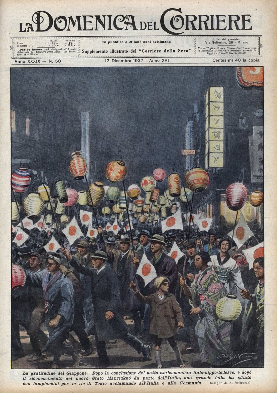 Tokion asukkaiden suuri saastaisuus osoittaa kunnioitusta Italialle ja Saksalle uuden Manchukuon valtion (Manchukuo tai Manzhouguo) tunnustamisen jälkeen. Kuva Achille Beltramesta "La domenica del corriere"" 12.12.1937 tekijältä Achille Beltrame