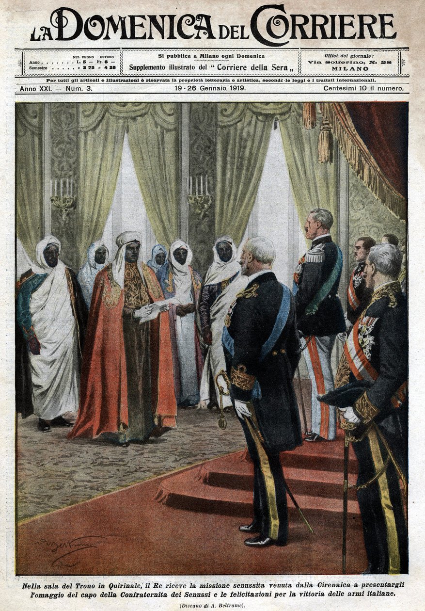 Quirinalen palatsin valtaistuinhuoneessa Italian kuningas Victor Emmanuel III (Victor Emmanuel) (Vittorio Emanuele) otti vastaan Cyrenaiquen (Libyassa) Senousist-lähetystön, joka tuli osoittamaan kunnioitusta ja onnitteluja Italian troon voitosta. tekijältä Achille Beltrame