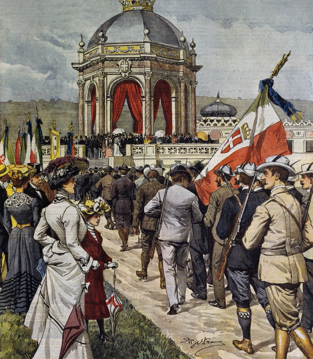 IV-ammuntakilpailun avajaiset Farnesinan polygonilla, Roomassa, Italiassa, kuvitus Achille Beltrame La Domenica del Corrieresta, 25. toukokuuta tekijältä Achille Beltrame