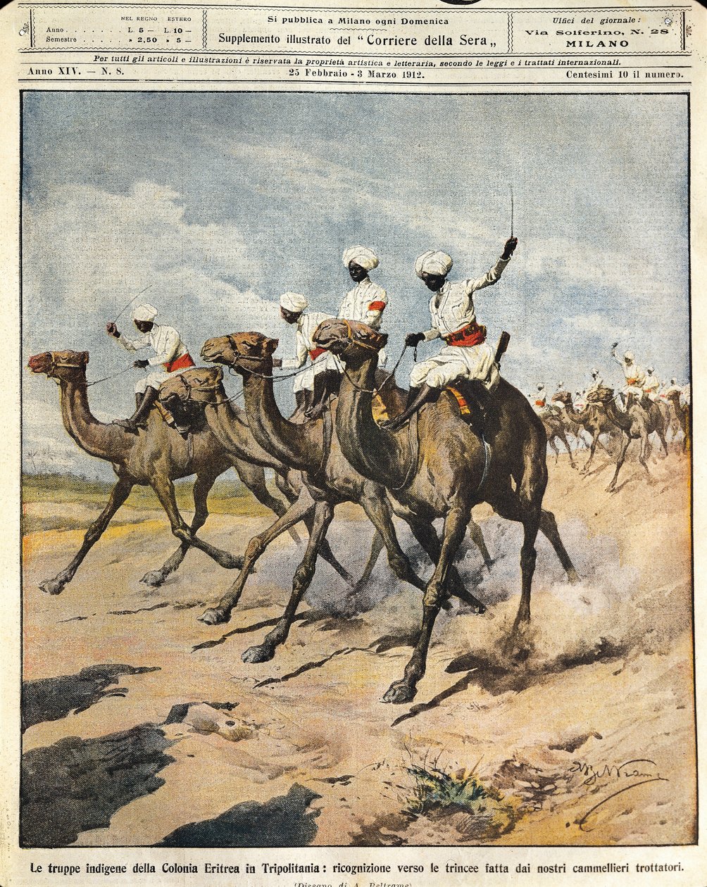 Alkuperäiskansat Eritrean siirtokunnasta Tripolitaniassa, kuvittaja Achille Beltrame (1871-1945), La Domenica del Corrieresta, 25. helmikuuta 1912 tekijältä Achille Beltrame