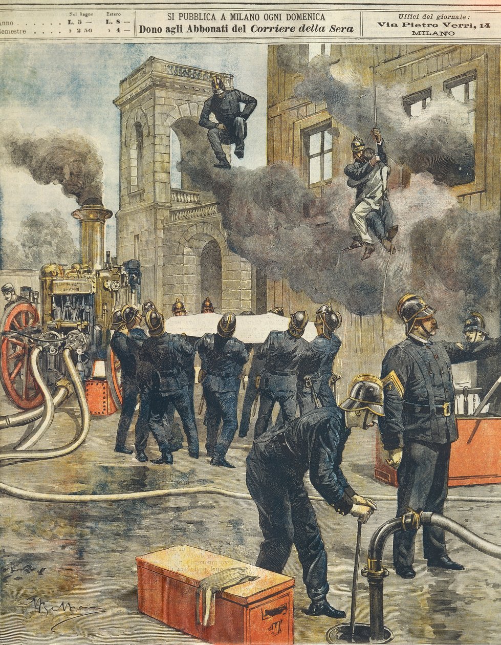 Italian palomiesten kongressi ja mielenosoitus Milanon Arenalla, Achille Beltrame (1871-1945), La Domenica del Corriere, 24. syyskuuta 1899 tekijältä Achille Beltrame