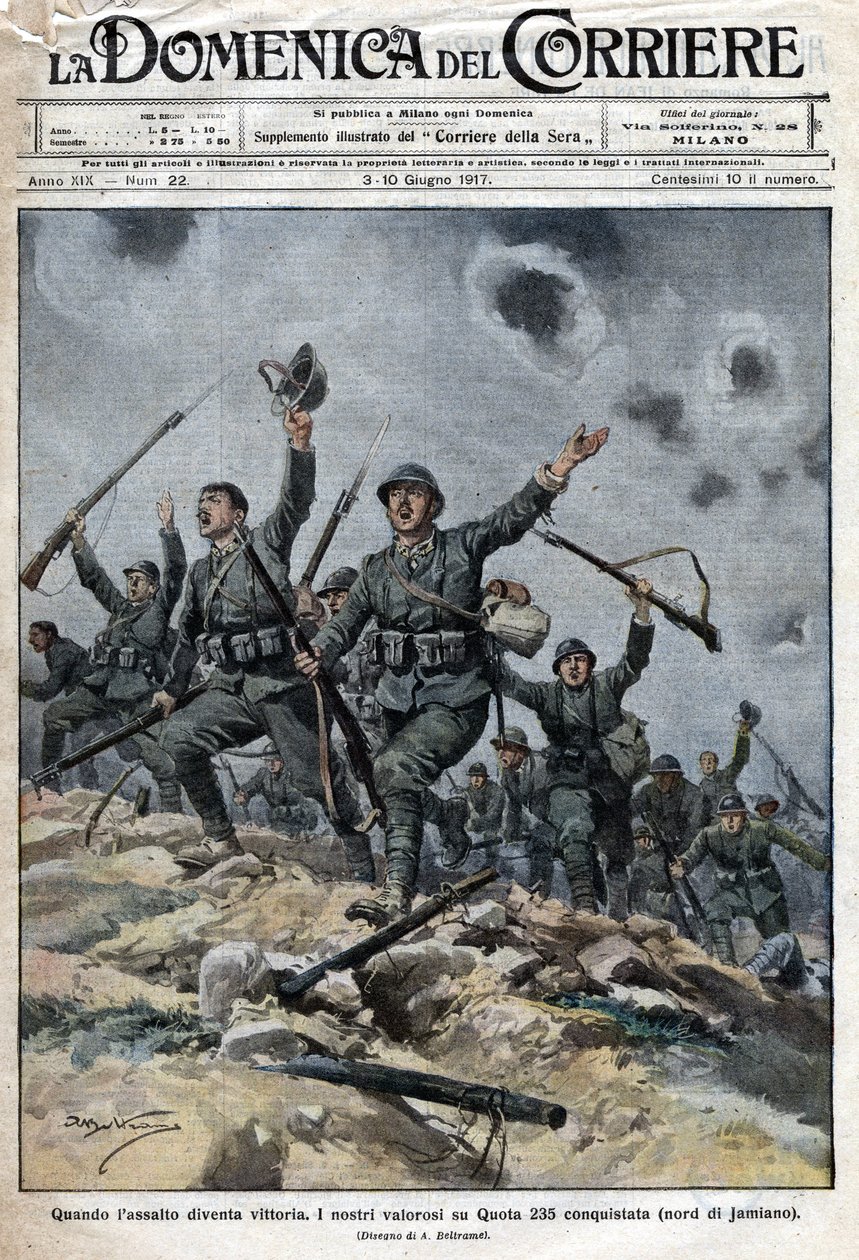 Italian armeija voitti Itävalta-Unkarin joukot Karstvuorilla Sloveniassa. Näin italialaiset etenivät kohti Triesteä. Ill. de Beltrame. La Domenica del Corriere. 06/1917. tekijältä Achille Beltrame