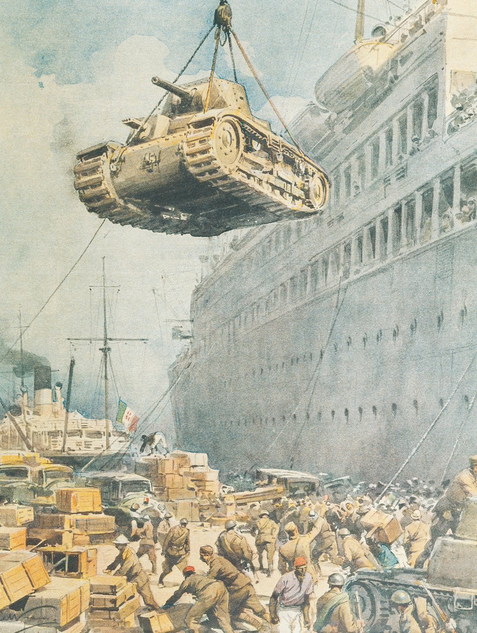 Italialainen saattue saapumassa määränpäähänsä Libyaan, kirjoittanut Achille Beltrame, kuvitus, kuvittaja Achille Beltrame (1871-1945), La Domenica del Corrieresta tekijältä Achille Beltrame