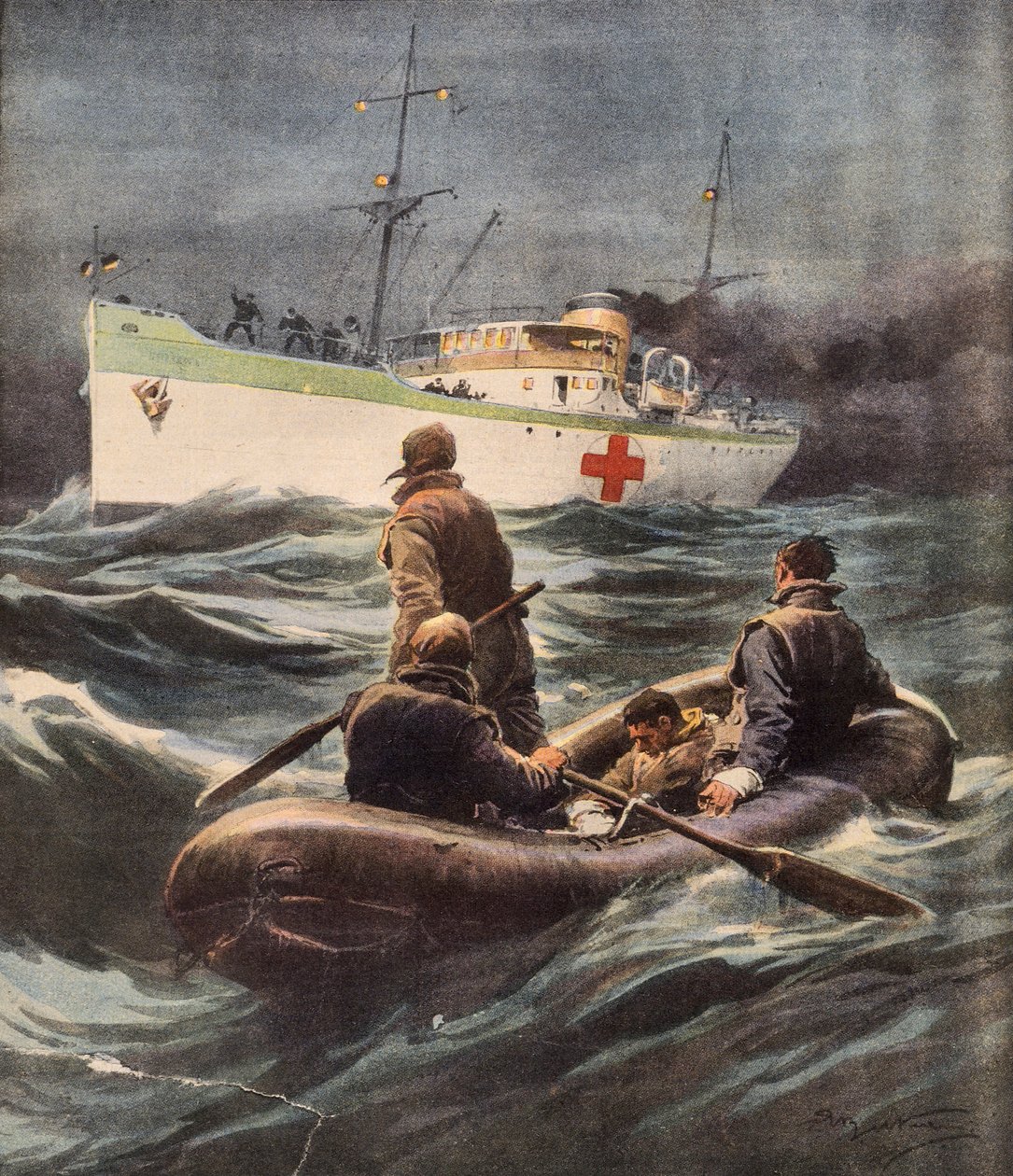 Italialainen sairaalalaiva pelastamassa neljä alas ammuttua saksalaista lentäjää, Achille Beltrame (1871-1945), kuva La Domenica del Corrieresta, 23. helmikuuta tekijältä Achille Beltrame
