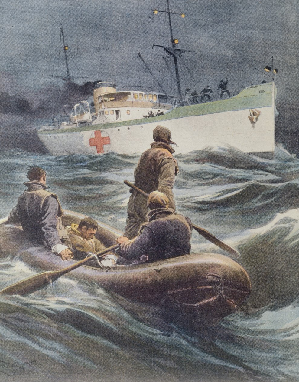Italialainen sairaalalaiva kuljettaa haavoittuneita alukselle, kirjoittanut Achille Beltrame, kuvitus, kuvittaja Achille Beltrame (1871-1945), La Domenica del Corrieresta, 23. maaliskuuta 1941 tekijältä Achille Beltrame