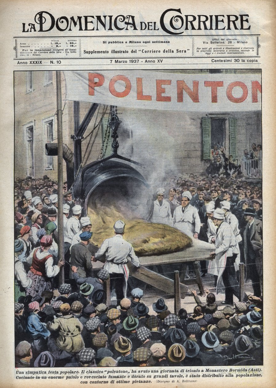 Italialainen suosittu festivaali: polenta geante (polentone) järjestetään kaupungissa lähellä Astia Venetossa. Kuva Achille Beltramesta elokuvassa "La Domenica del Corriere" 7.3.1937. tekijältä Achille Beltrame