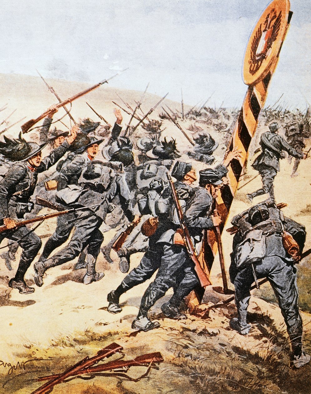 Italialaiset sotilaat ylittämässä Itävallan rajaa, kirjoittanut Achille Beltrame (1871-1945), kuvitus La Domenica del Corrieresta, kesäkuu 1915 tekijältä Achille Beltrame