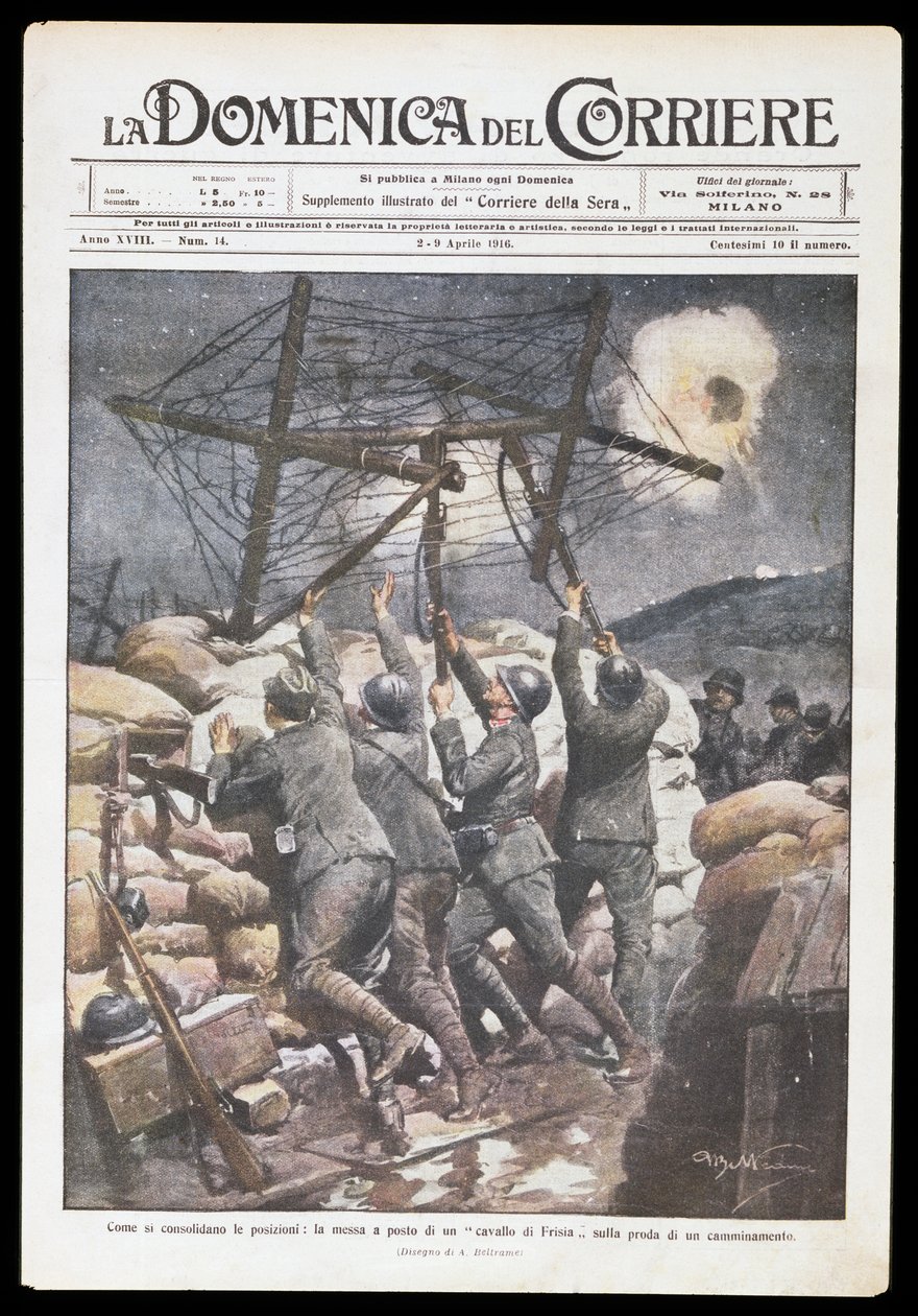 Italialaiset sotilaat asettavat friisihevosta kaivannon päälle, Achille Beltramen (1871-1945) lautanen Domenica del Corrierelle, 2.-9. huhtikuuta 1916, ensimmäinen maailmansota, Italia, 1900-luku tekijältä Achille Beltrame