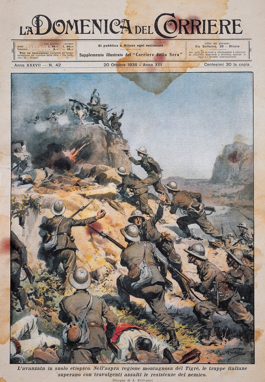 Italialaiset joukot etenevät Etiopian maaperällä, kuva La Domenica del Corrieresta, 20. lokakuuta tekijältä Achille Beltrame