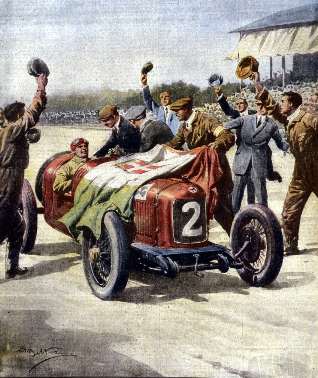 Italian voitto kolmannessa European Motor Grand Prix -kilpailussa: Ascarin mekaanikot näyttävät autolle trikolorilippua. Kuvassa de Beltrame. "La Domenica del Corriere". 07/1925. tekijältä Achille Beltrame