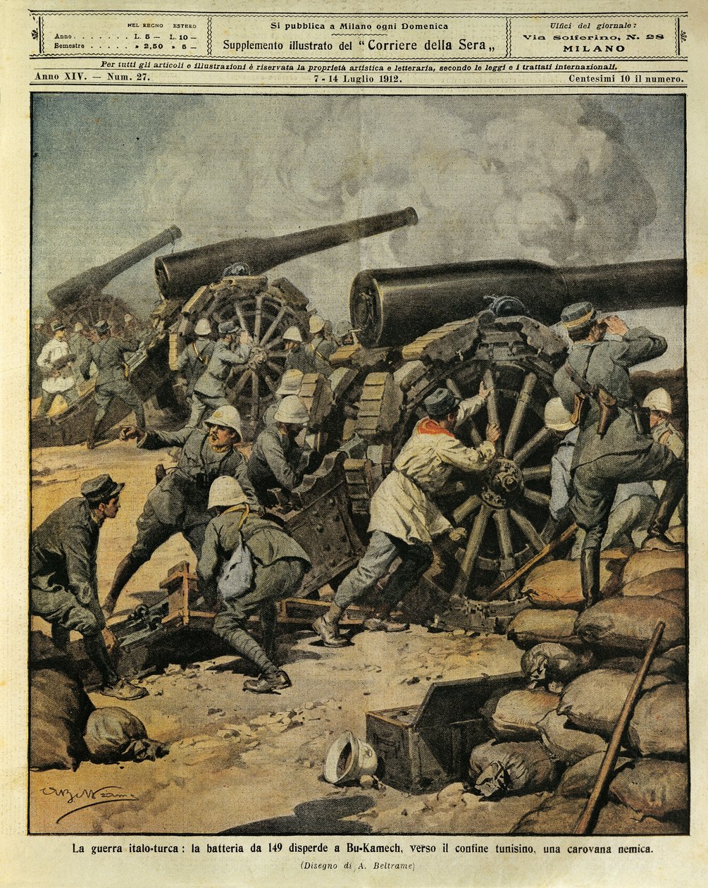 Italian-Turkin sota, patterituli tykistä nro 149, joka ohjasi vihollisen karavaani Bu-Kamekissa kohti Tunisian rajaa, kuvittaja Achille Beltrame (1871-1945), La Domenica del Corrieresta, 7. heinäkuuta 1912 tekijältä Achille Beltrame