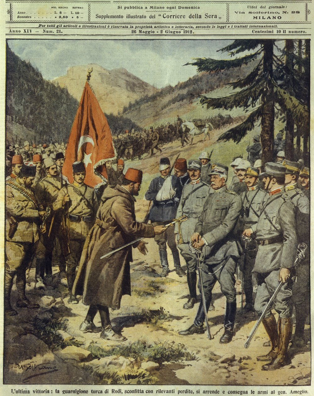 Italian-Turkin tai Libyan sota (1911-1912), Turkin armeija antautuu ja luovuttaa aseita italialaiselle kenraalille Amegliolle Rodoksella, 26. toukokuuta tekijältä Achille Beltrame