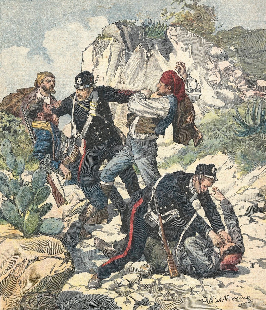 Italia (1902). Karabinierit pidättävät rosvon ja hänen jenginsä Trapanissa. Kuvitus Achille Beltramesta "" Domenica del Corrieresta"" (23. helmikuuta tekijältä Achille Beltrame