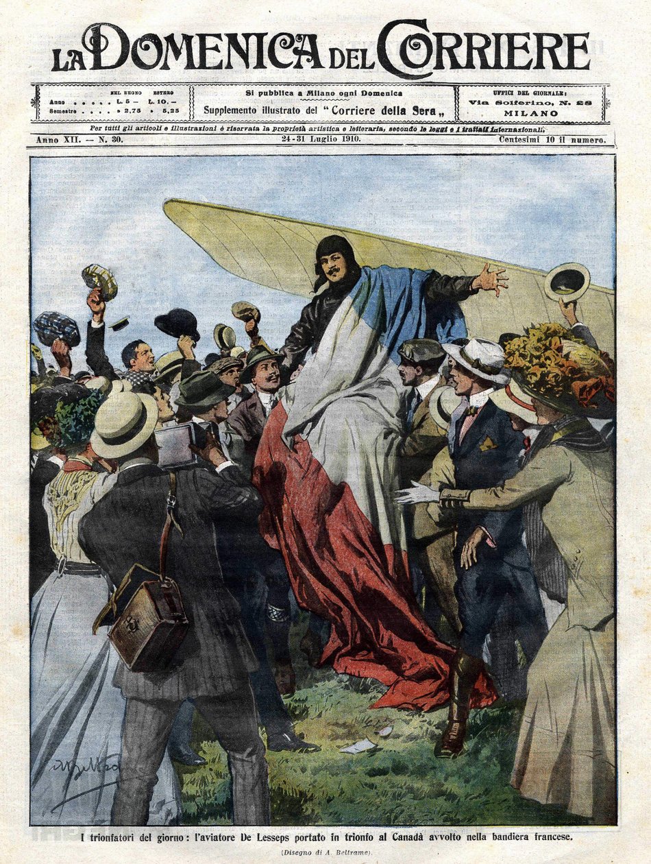 Jacques de Lesseps (1883-1927) saapuessaan Kanadaan vuonna 1910. Achille Beltramen kuvitus "Domenica del Corriere" 24. heinäkuuta tekijältä Achille Beltrame