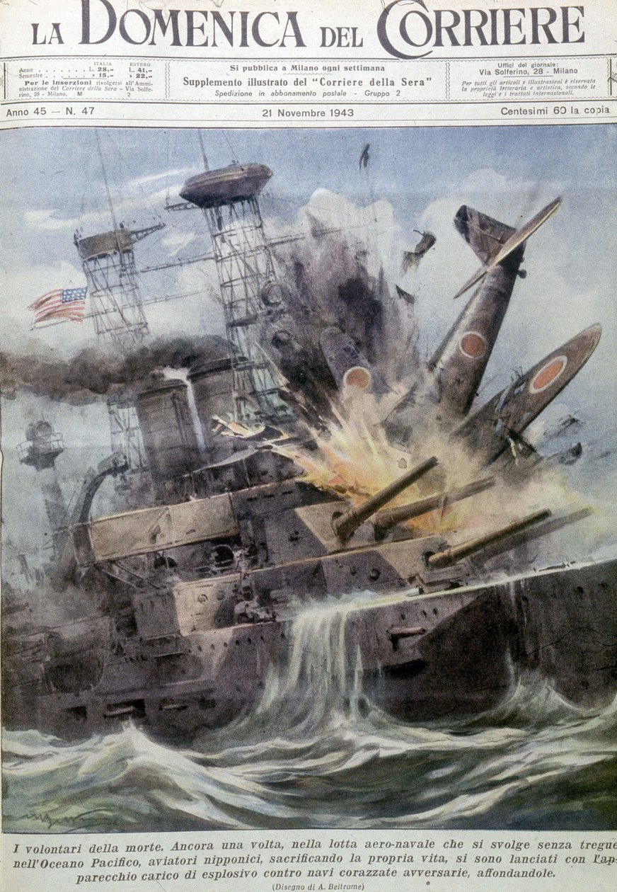 Japanilaiset itsemurhapommittajat räjähtämässä vihollisen laivoissa - "La Domenica del Corrieressa", 21. marraskuuta 1943 (litografia) tekijältä Achille Beltrame