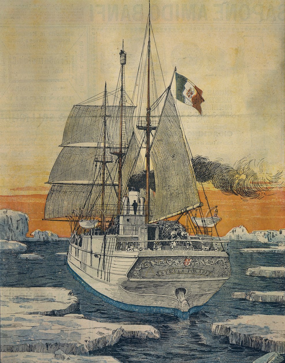 Matka pohjoisnavalle: Polar Star -alus, joka kuljetti Savoy-Aostan prinssi Luigi Amedeoa, Abruzzin herttua Teplitzin lahdelle Rudolf-saarella, Achille Beltramen (1871-1945) toimesta La Domenica del Corrieresta tekijältä Achille Beltrame