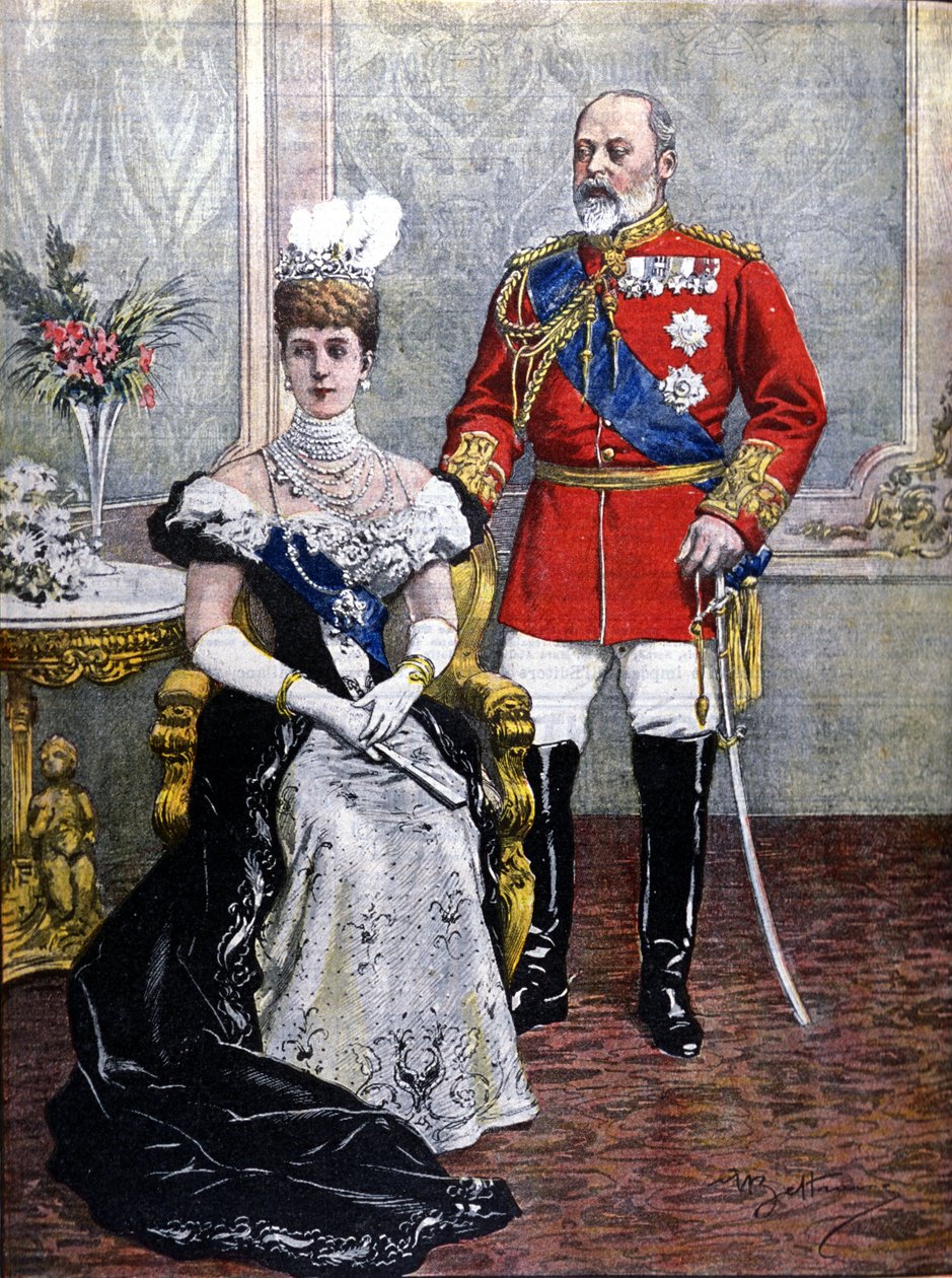 Englannin kuningas Edward VII (1841-1910) kuningatar Alexandran kanssa vuonna 1902 Achilles Beltramen kuvituksesta tekijältä Achille Beltrame