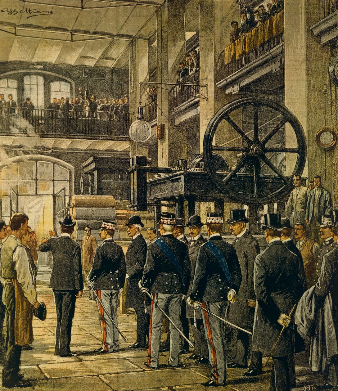Kuningas Vittorio Emanuele III vierailee Milanon tehtailla, kirjoittanut Achille Beltrame (1871-1945), La Domenica del Corrieresta, 8. lokakuuta 1905 tekijältä Achille Beltrame