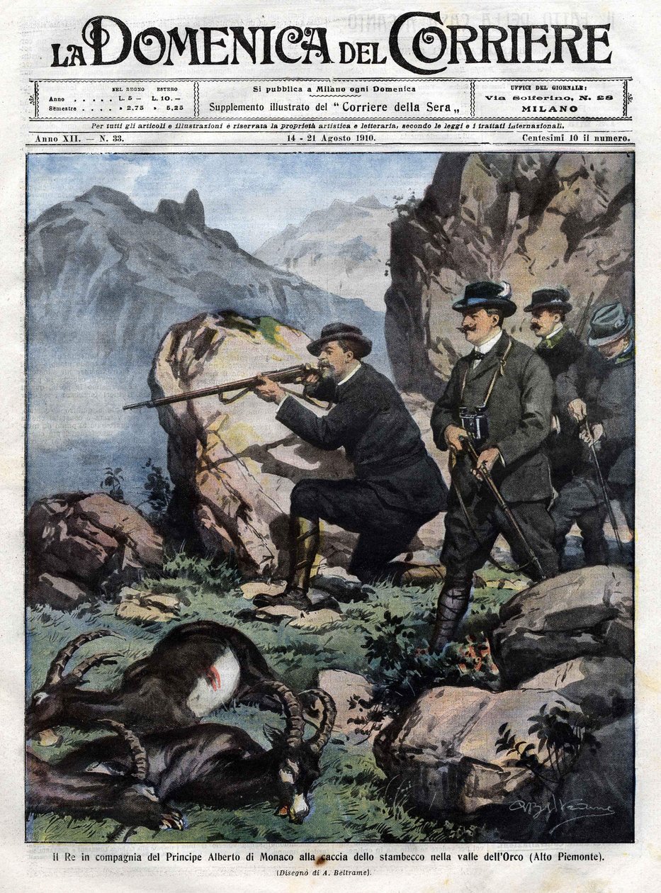 Italian kuningas Victor Emmanuel III (Victor-Emmanuel) (Vittorio Emanuele) yhdessä Monacon prinssi Albert I:n kanssa metsästävät metsiä. 14. elokuuta 1910 ilmestyneen domenica del corrieren kansi tekijältä Achille Beltrame