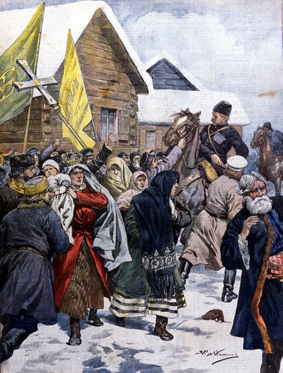 Taikausko Venäjällä: poliisi yrittää hajottaa uusien kristittyjen lahkon. Kuva Beltramesta. La Domenica del corriere. 1901. tekijältä Achille Beltrame