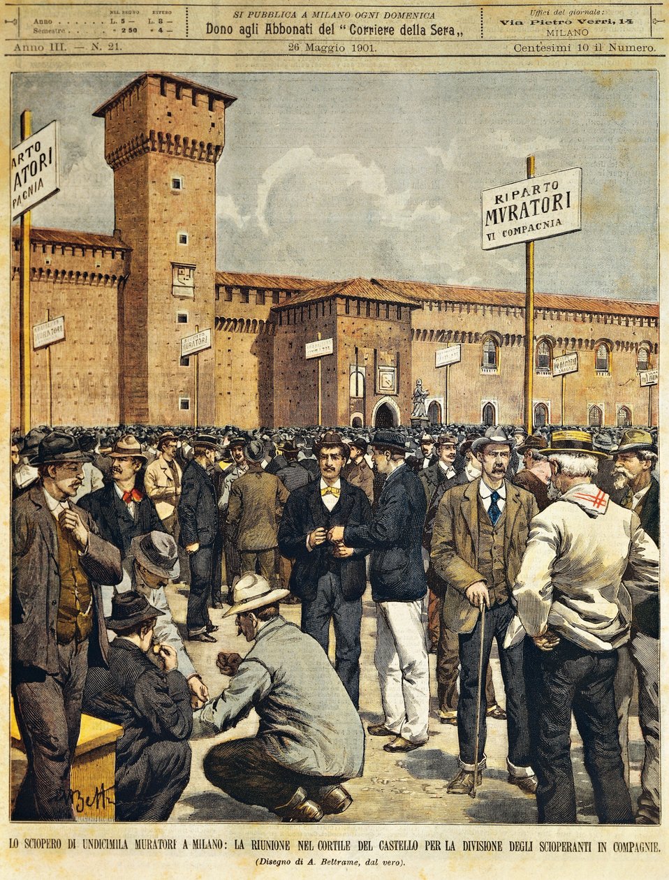 Laajamittainen rakentajien lakko Milanossa: julkinen kokous Sforzescon linnan suurella pihalla, kirjoittanut Achille Beltrame (1871-1945), La Domenica del Corriere, 26. toukokuuta 1901 tekijältä Achille Beltrame