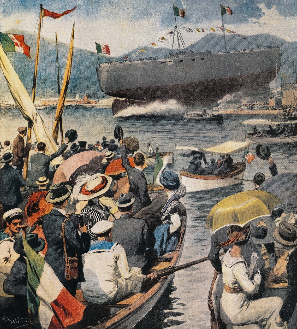 Taistelulaiva Andrea Doria laukaisu Arsenalesta La Speziassa, paneeli Achille Beltrame (1871-1945), La Domenica del Corriere, 6. huhtikuuta tekijältä Achille Beltrame